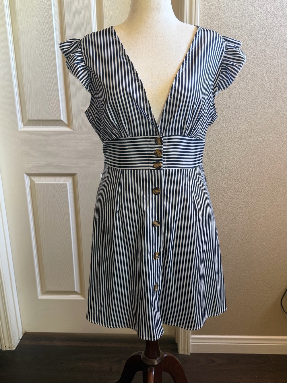 Striped Navy and White V-Neck Button Front Dress